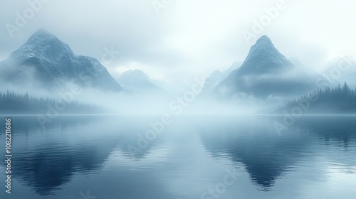 Serene misty mountains reflecting in calm water.