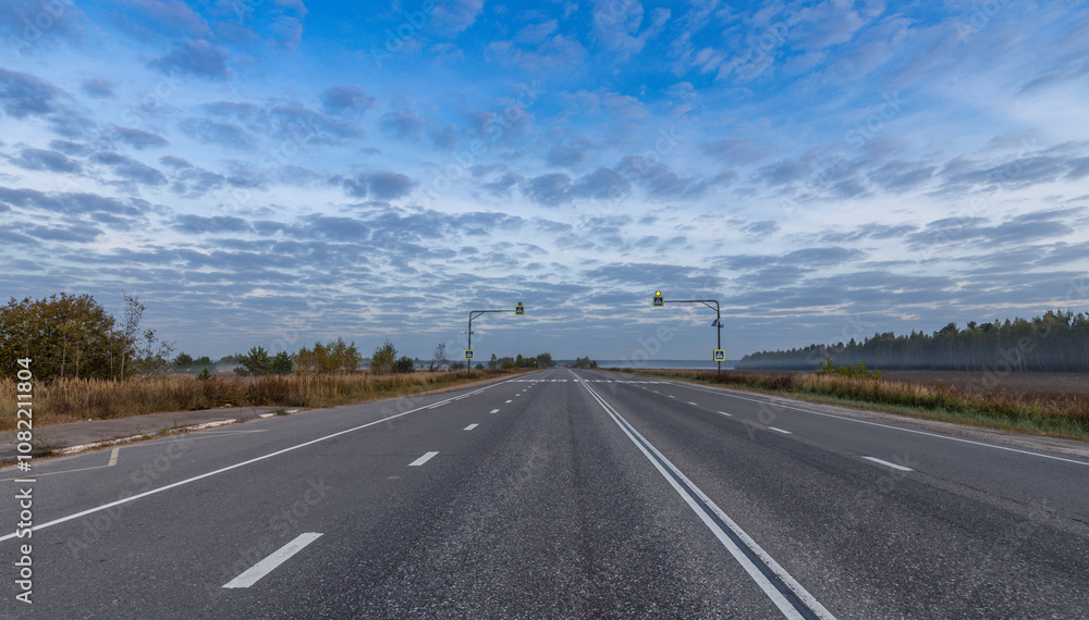 Long, empty road with a few trees in the background Long, empty road with a few trees in the background