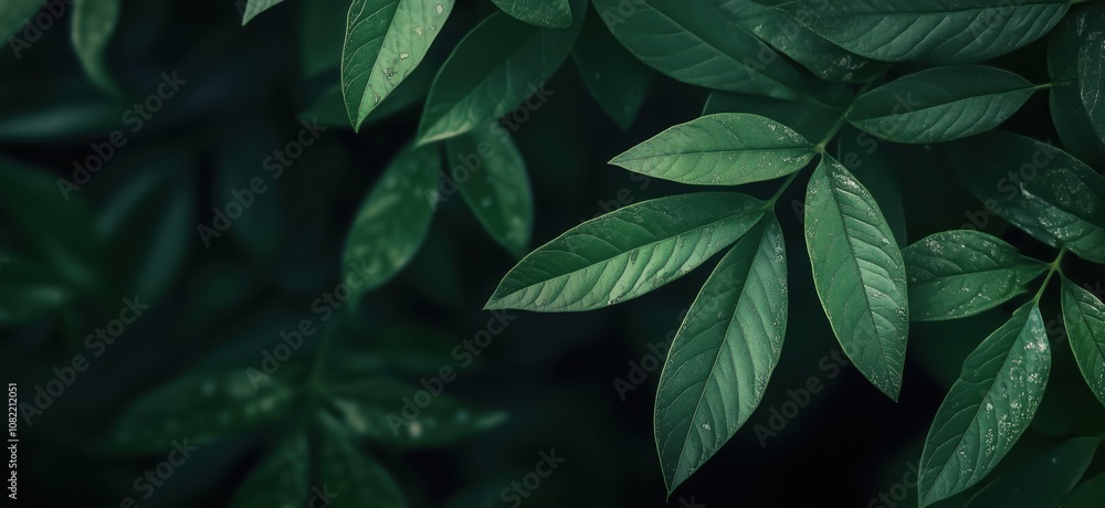 Green leaves close-up, lush foliage, droplets of water on leaves, dark background, natural beauty, vibrant greenery Green leaves close-up, lush foliage, droplets of water on leaves, dark background, natural beauty, vibrant greenery