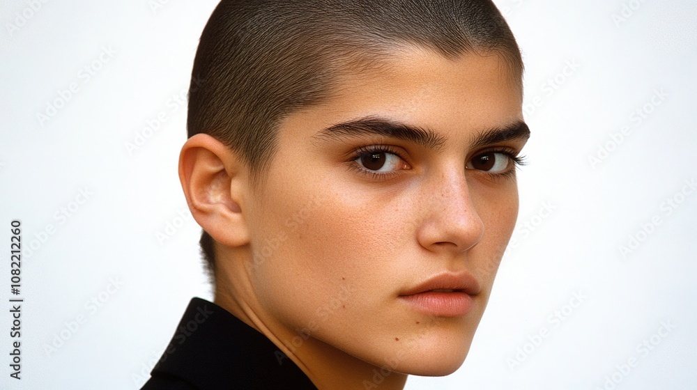 Stunning Portrait of a Young Woman with Short Hair against a Simple White Background, Highlighting Natural Beauty and Strong Features Stunning Portrait of a Young Woman with Short Hair against a Simple White Background, Highlighting Natural Beauty and Strong Features