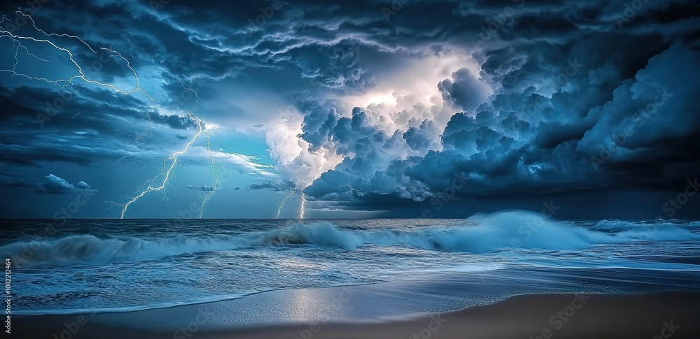 A dramatic scene of lightning and storm clouds over the ocean