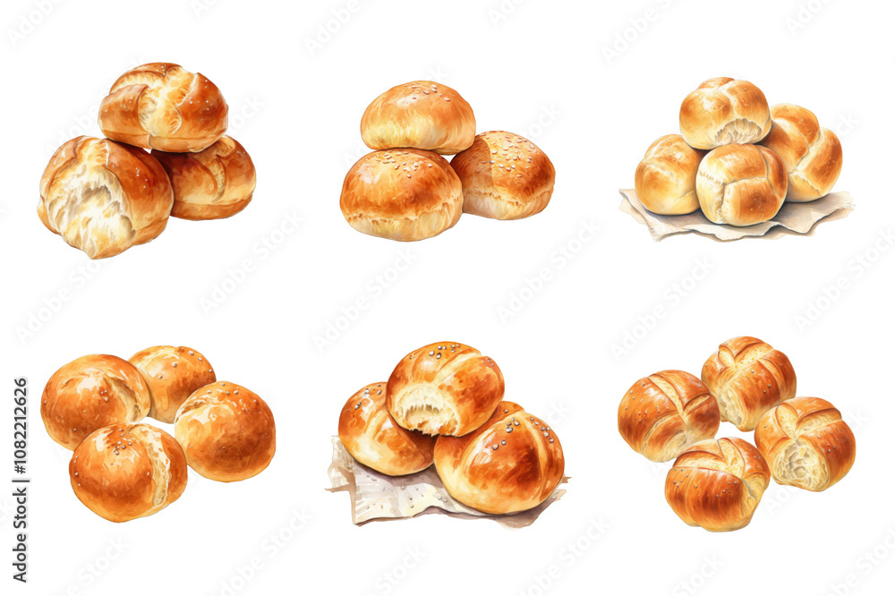 Dinner Rolls Watercolor Collection Bundle Set Isolated on a Transparent Background Dinner Rolls Watercolor Collection Bundle Set Isolated on a Transparent Background