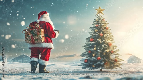 Santa Claus at the Beach with a Christmas Tree photo