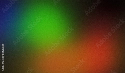 Abstract glowing color spot grainy backdrop design. Dark red orange green black color spot noisy gradient texture background, vibrant color flow, shine, bright, aesthetic texture effect.