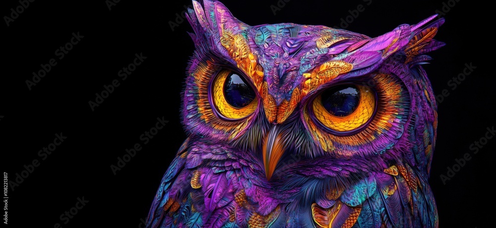 Colorful owl illustration with intricate patterns and vibrant colors, featuring large expressive eyes and detailed feathers against black background. Colorful owl illustration with intricate patterns and vibrant colors, featuring large expressive eyes and detailed feathers against black background.