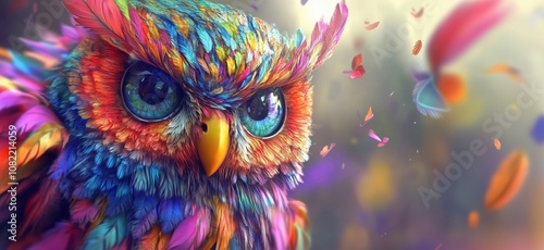 Colorful owl with vibrant feathers and expressive eyes, surrounded by floating petals