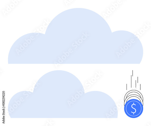 Two light blue clouds with falling coins, one featuring a dollar sign. Ideal for finance, savings, investment, cloud computing, technology services, budgeting business strategy. Line metaphor