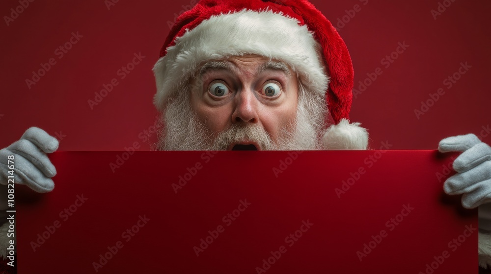 Naklejka premium Festive Red Banner Featuring Surprised Santa Claus