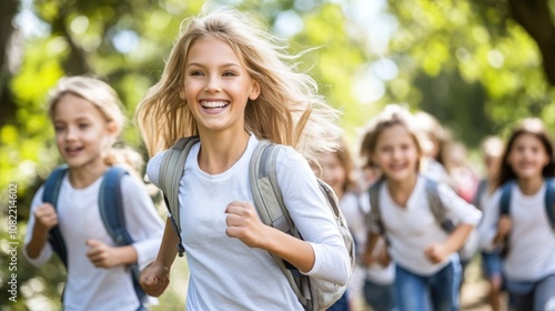 Joyful Children Running in Nature with Backpacks, Celebrating Playful Moments, Sunlit Outdoor Environment, Embracing Freedom and Friendship