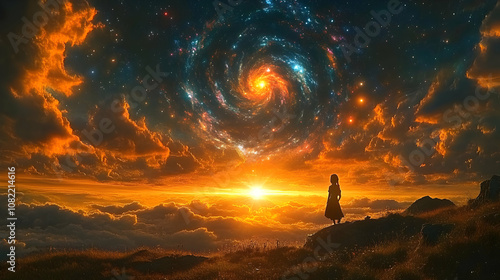 Girl Silhouetted Against a Sunset with a Spiral Galaxy Above