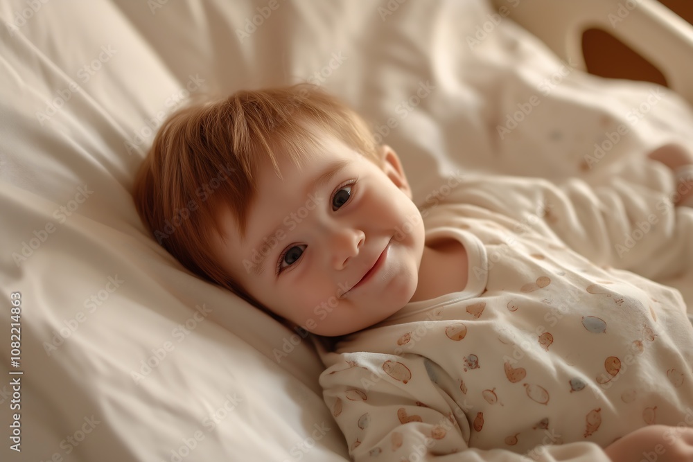 Baby boy wearing a tiny hospital gown, lying on a soft hospital bed with a gentle smile
Baby boy wearing a tiny hospital gown, lying on a soft hospital bed with a gentle smile