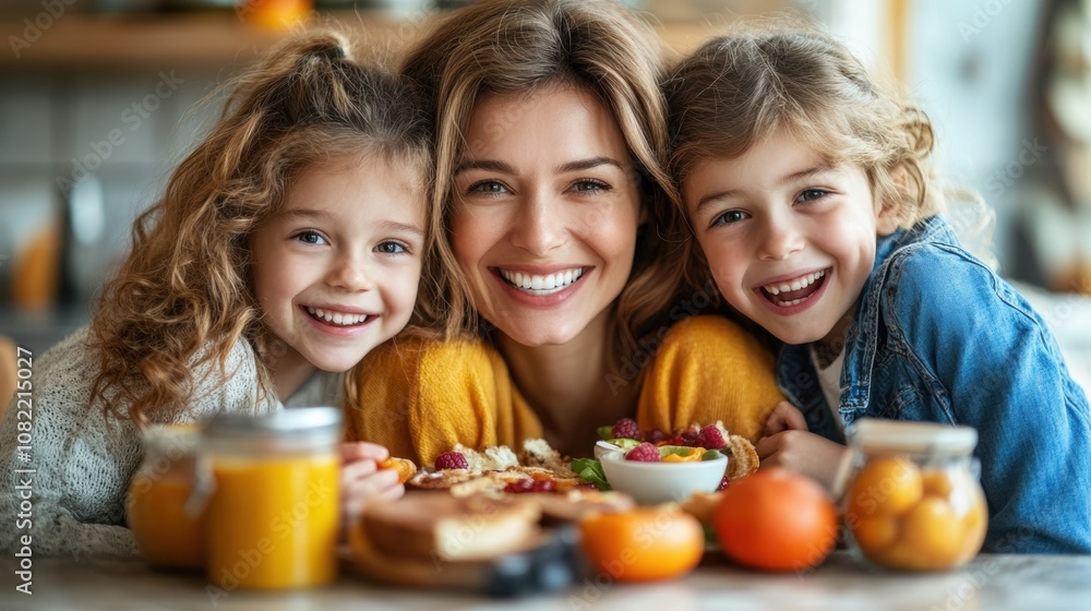 Happy Family Enjoying Breakfast Together with Fresh Fruits and Healthy Foods in a Cozy Kitchen Setting, Smiling and Sharing Joyful Moments and Bonding Over Delicious Meal Happy Family Enjoying Breakfast Together with Fresh Fruits and Healthy Foods in a Cozy Kitchen Setting, Smiling and Sharing Joyful Moments and Bonding Over Delicious Meal