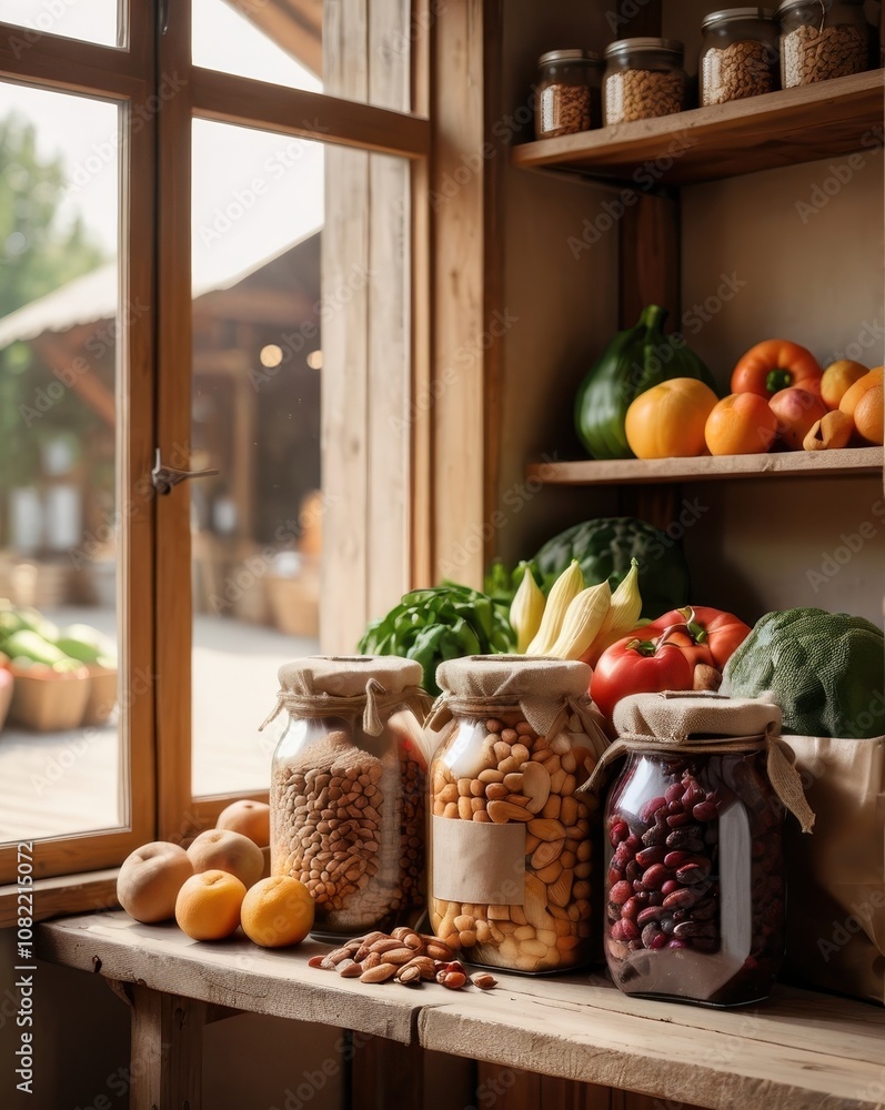 Wooden pantry shelves organized with jars of seeds, nuts, and spices, warmly lit by natural sunlight. Ideal for content related to home organization, sustainable living, or rustic kitchen design Wooden pantry shelves organized with jars of seeds, nuts, and spices, warmly lit by natural sunlight. Ideal for content related to home organization, sustainable living, or rustic kitchen design