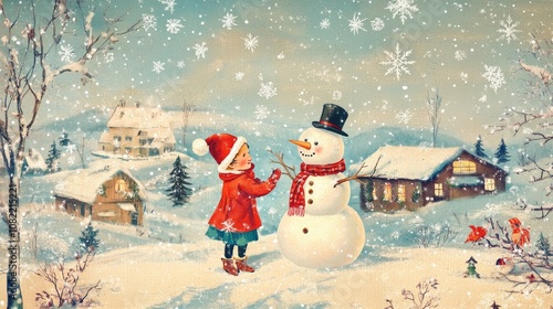 Retro Winter Postcard: Children Building a Snowman photo