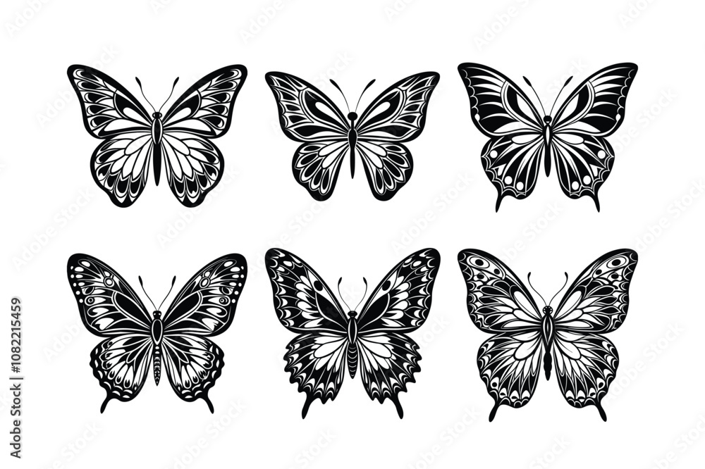 Butterfly design, labeled linocut vector illustration. Butterfly design, labeled linocut vector illustration.