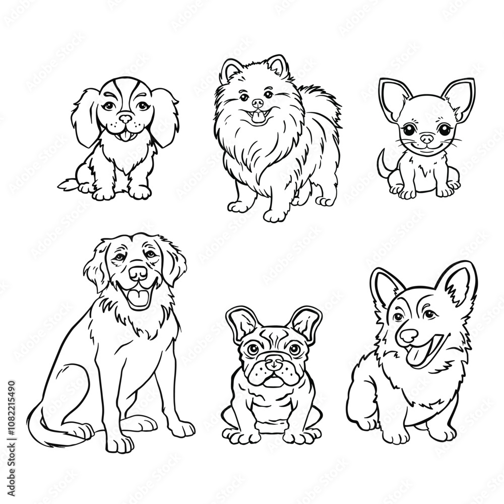 Set of Pedigree Dogs Coloring Page, Hand Drawn Vector Illustration Set of Pedigree Dogs Coloring Page, Hand Drawn Vector Illustration