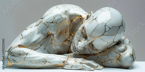 Kintsugi is traditional art of Japan, helps to restore person psychological trauma, golden crack scars close-up. photo