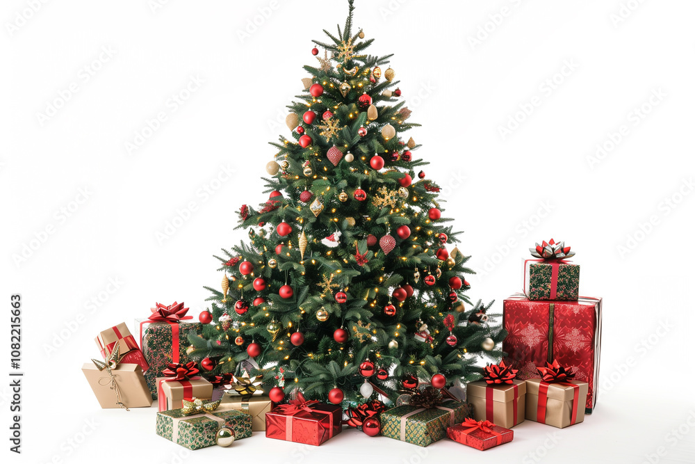 A Christmas tree with a variety of festive decorations and gifts underneath, photographed on a plain white background. A Christmas tree with a variety of festive decorations and gifts underneath, photographed on a plain white background.