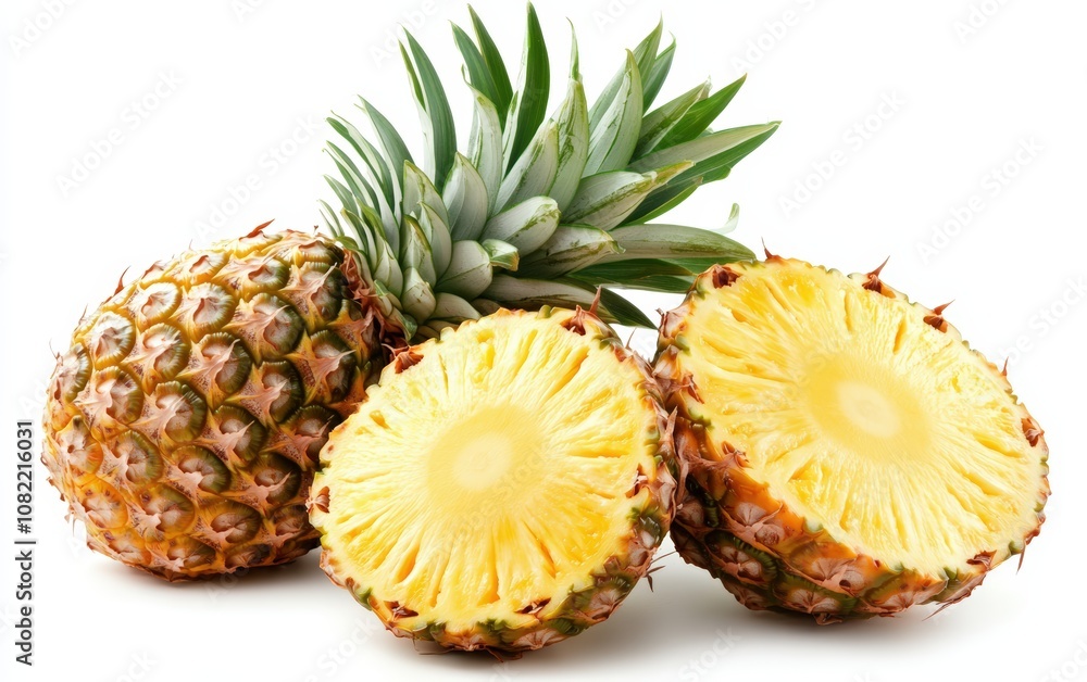 Pineapple on White Background – Whole pineapple with green spiky leaves and golden-brown skin, centered and well-lit Pineapple on White Background – Whole pineapple with green spiky leaves and golden-brown skin, centered and well-lit