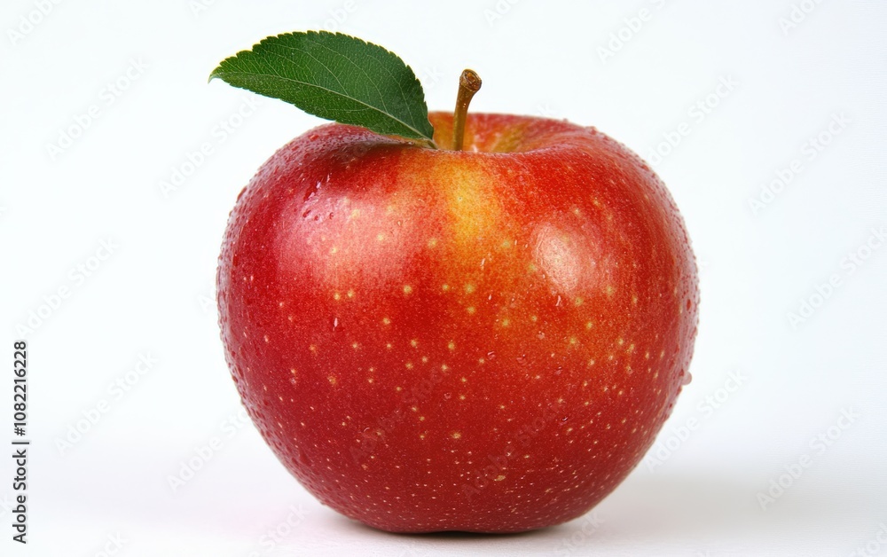 Apple on White Background – Single, fresh red apple with a glossy shine and small leaf on top, centered on a white background - Apple on White Background – Single, fresh red apple with a glossy shine and small leaf on top, centered on a white background -