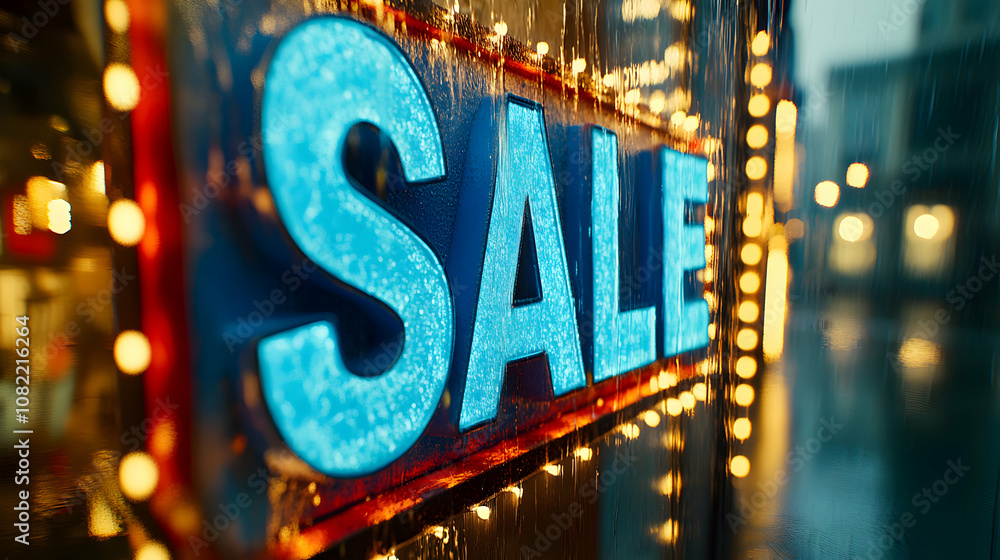 Rainy Night Sale Sign: Illuminated Blue Letters on Wet Glass with Lights Rainy Night Sale Sign: Illuminated Blue Letters on Wet Glass with Lights