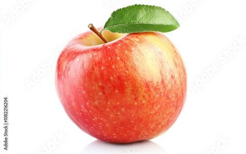 Apple on White Background Single, fresh red apple with a glossy shine and small leaf on top, centered on a white background 