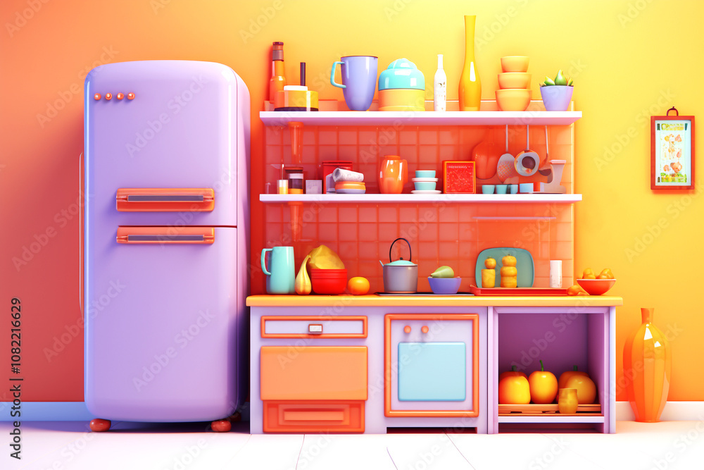 A cheerful cartoon-style kitchen interior with a yellow and purple color scheme. The scene features a vibrant dining table and counter, surrounded by kitchen essentials