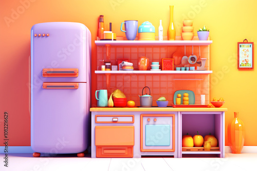 Obraz na płótnie A cheerful cartoon-style kitchen interior with a yellow and purple color scheme. The scene features a vibrant dining table and counter, surrounded by kitchen essentials w salonie