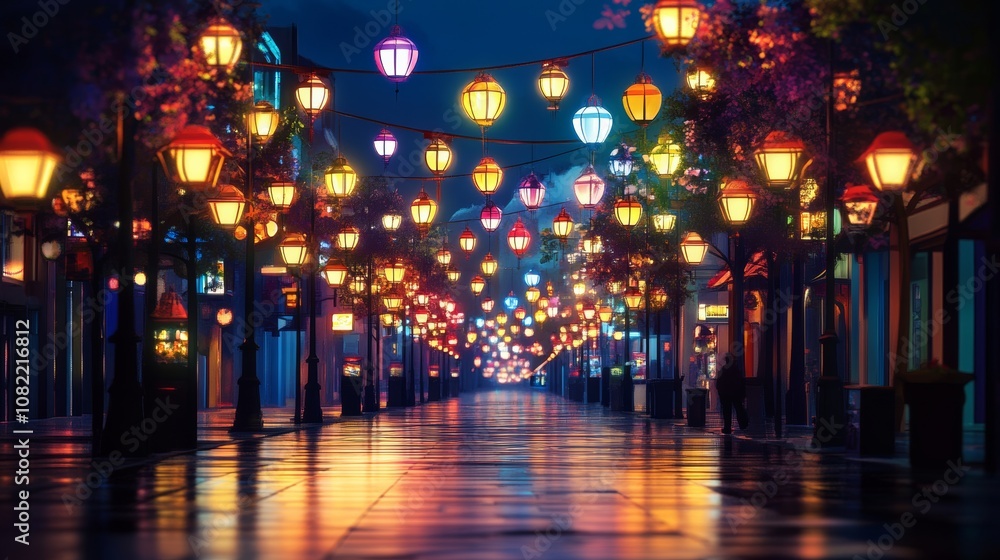 Fototapeta premium An illuminated city street at night, with vibrant street lanterns lighting up the surroundings, adding charm to the urban landscape
