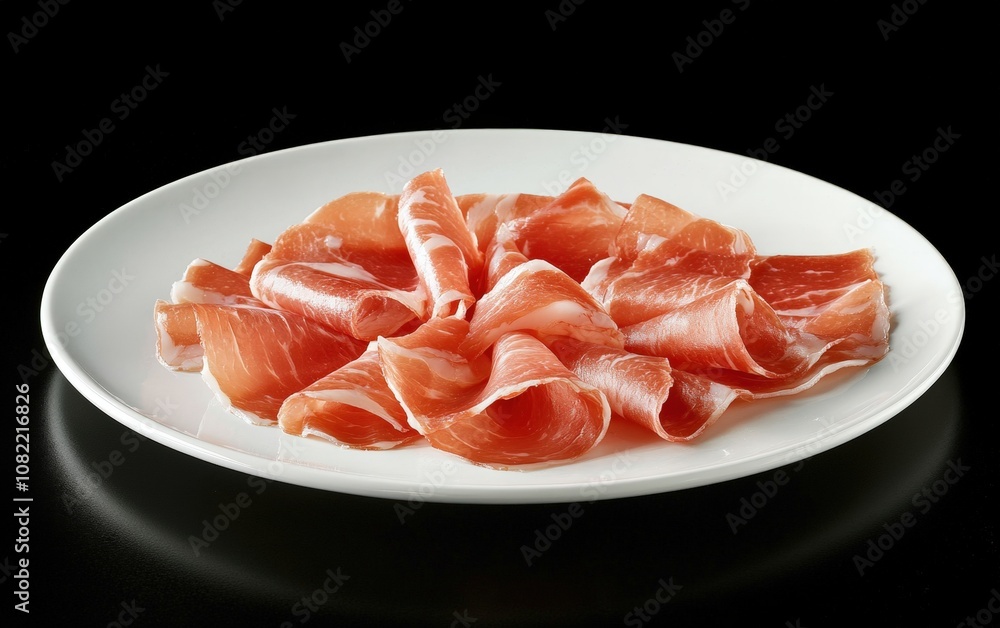 Jaman on White Plate Neatly arranged slices of jamón on a simple white plate, with a subtle shine, delicate fat marbling visible Jaman on White Plate Neatly arranged slices of jamón on a simple white plate, with a subtle shine, delicate fat marbling visible