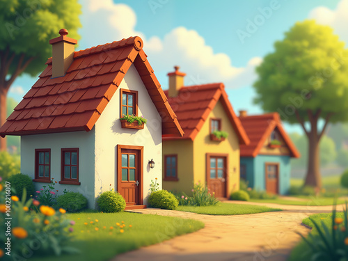 Wallpaper Mural Generated digital illustration of houses and residentials in a small rural beautiful town in the middle of a lush green landscape. Torontodigital.ca