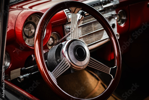 Interior of a classic american car. Detail of the interior of a vintage car. Retro car