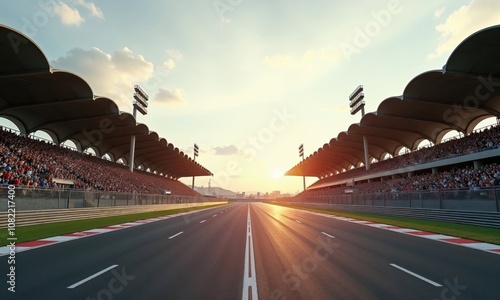 Empty race track at sunset, flanked by grandstands filled with spectators, creating an atmosphere of anticipation for an upcoming race