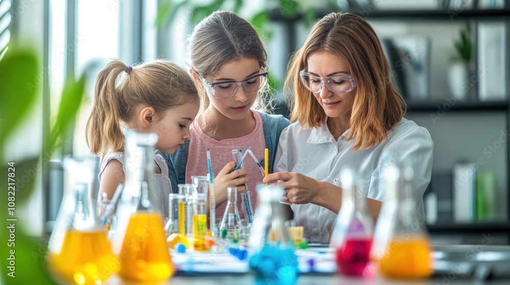 Engaging Chemistry Experiment with Two Girls and Their Teacher in a Bright Laboratory, Fostering Curiosity and Learning Through Hands-On Science Activities Engaging Chemistry Experiment with Two Girls and Their Teacher in a Bright Laboratory, Fostering Curiosity and Learning Through Hands-On Science Activities