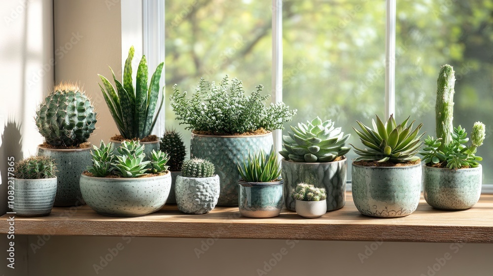 A variety of succulents and cacti in decorative pots sit on a windowsill. A variety of succulents and cacti in decorative pots sit on a windowsill.