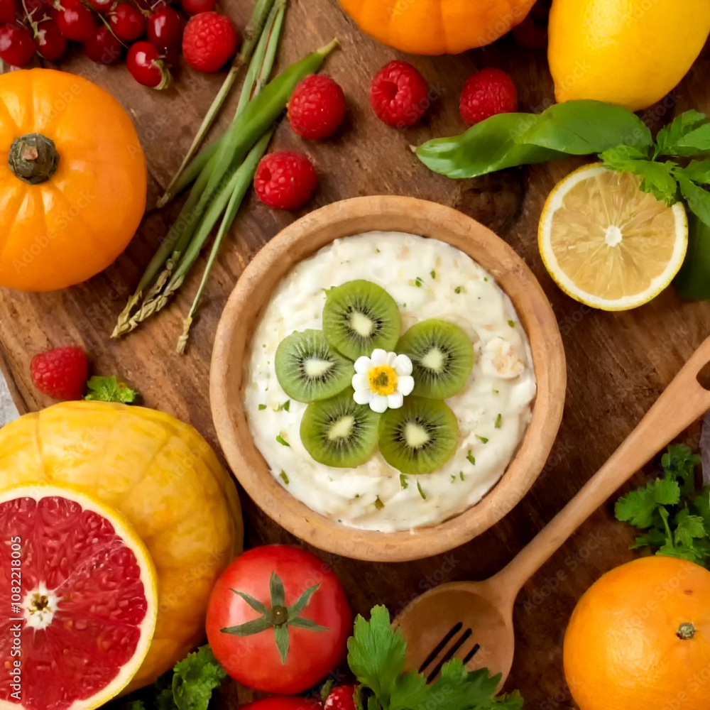 A vibrant display of fresh fruits and creamy dip crafted for a summer gathering A vibrant display of fresh fruits and creamy dip crafted for a summer gathering