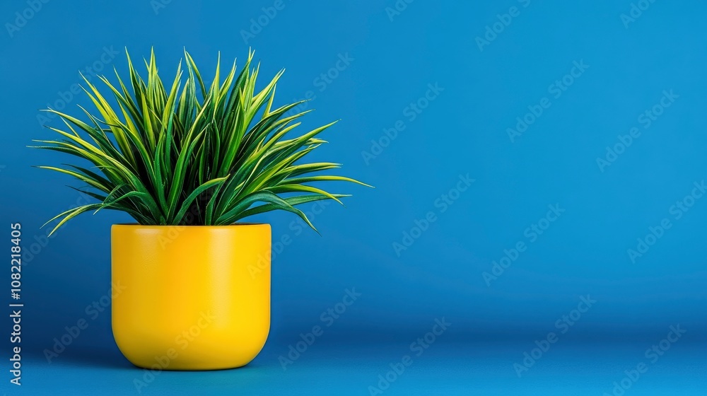 Potted Plant with Green Leaves on Blue Background Potted Plant with Green Leaves on Blue Background