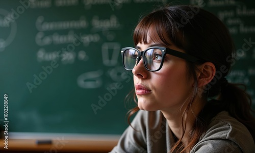 Thoughtful young woman in glasses sitting in a classroom, focused on learning with a chalkboard in the background