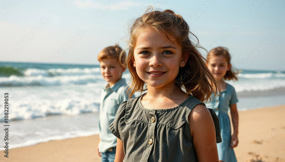 Smiling children enjoying a sunny day at the beach, with waves crashing in the background, capturing the essence of a joyful childhood Smiling children enjoying a sunny day at the beach, with waves crashing in the background, capturing the essence of a joyful childhood