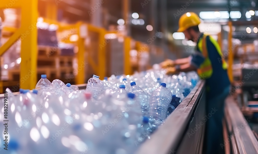 Obraz premium Worker sorting plastic bottles in a recycling facility.