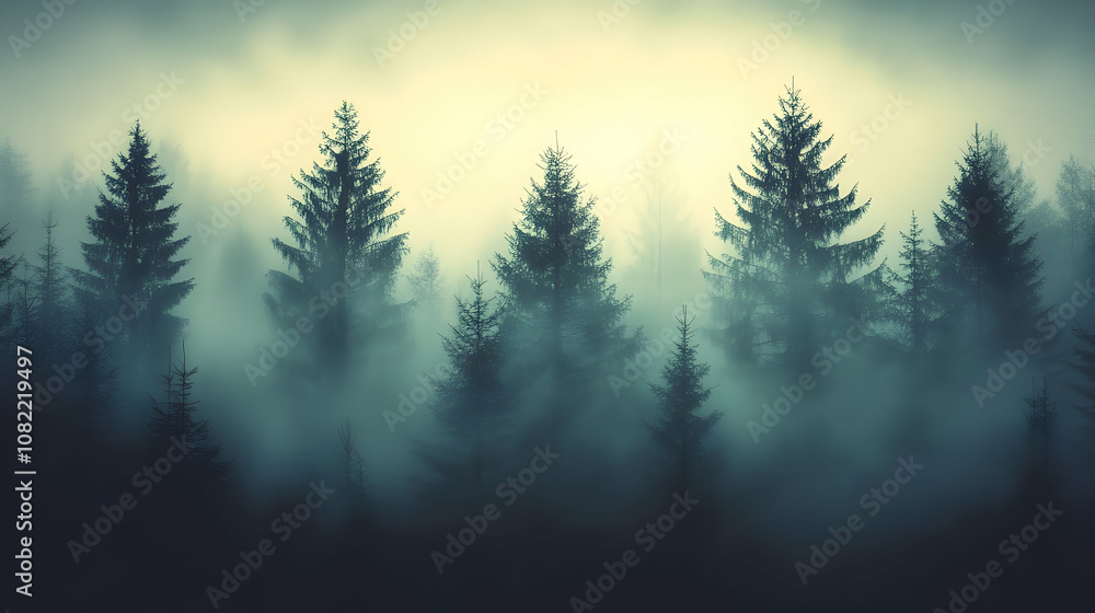 Digital Illustration of a Misty Forest: Tall Evergreens Stand Silhouetted Against a Pale, Foggy Sky, Creating an Ethereal Atmosphere. Digital Illustration of a Misty Forest: Tall Evergreens Stand Silhouetted Against a Pale, Foggy Sky, Creating an Ethereal Atmosphere.