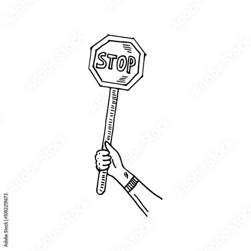 Doodle cartoon hand-drawn sketch of a hand holding a stop sign.