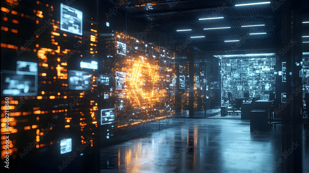 Futuristic 3D Digital Data Center: Glowing Abstract Background with Orange and Blue Interfaces Futuristic 3D Digital Data Center: Glowing Abstract Background with Orange and Blue Interfaces