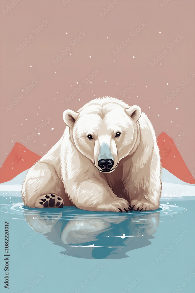 Polar white bear sits near a water winter watercolor vertical illustration Polar white bear sits near a water winter watercolor vertical illustration