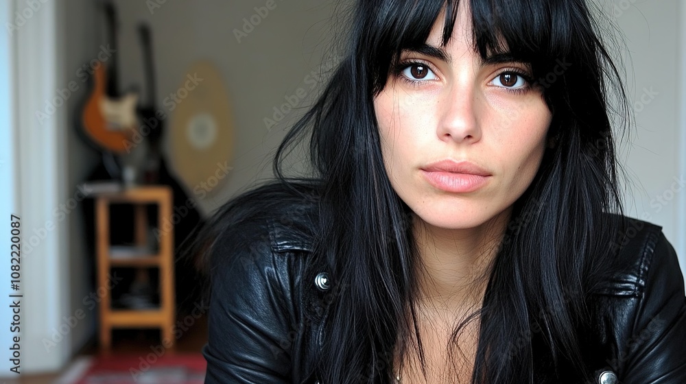 Captivating Portrait of a Young Woman with Long Dark Hair and Natural Makeup in a Modern Indoor Setting Captivating Portrait of a Young Woman with Long Dark Hair and Natural Makeup in a Modern Indoor Setting
