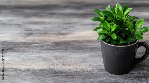 Green Plant in a Black Mug on a Wooden Table