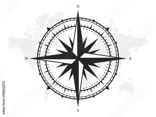 Monochrome Navigational Compass with Cardinal Directions of North, East, South and West