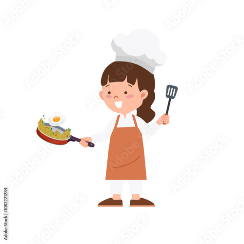 Little girl cooking and holding spatula