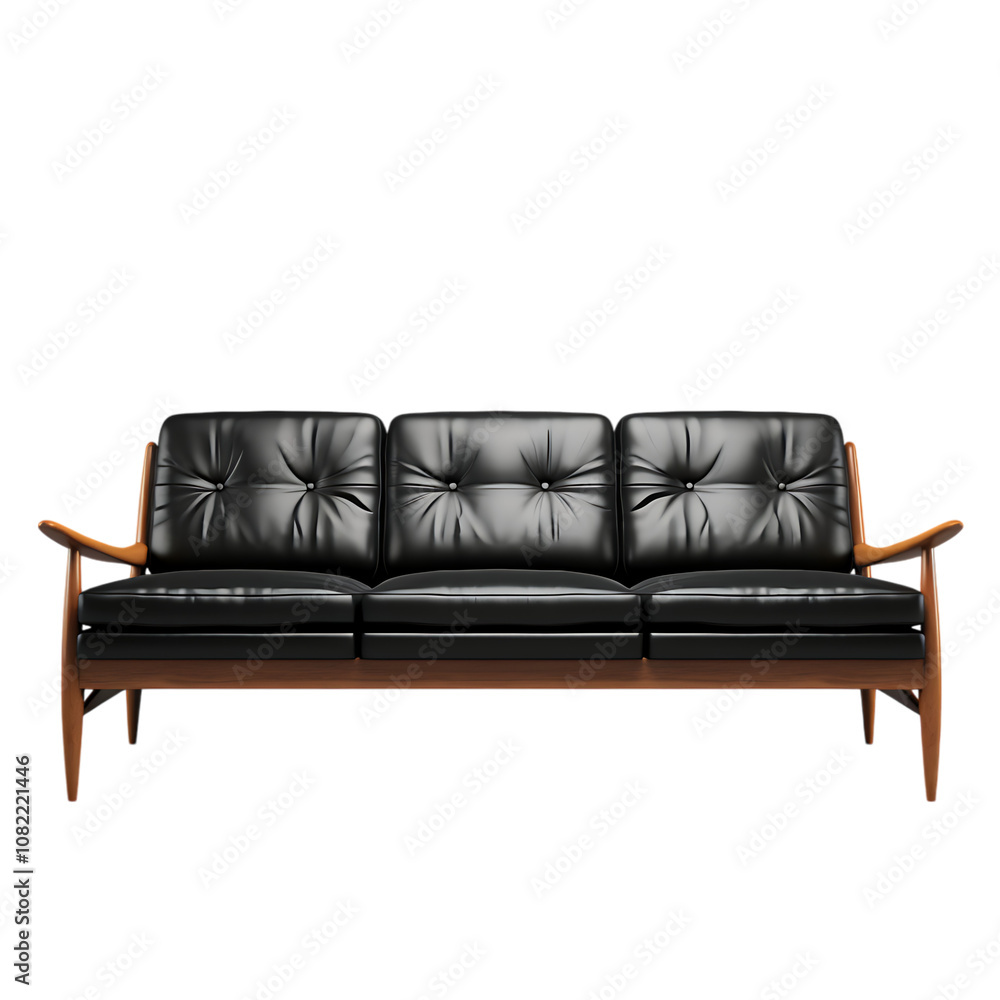 Midcentury Classic Sofa in Black Leather PNG Cutout with Transparent Backdrop Midcentury Classic Sofa in Black Leather PNG Cutout with Transparent Backdrop