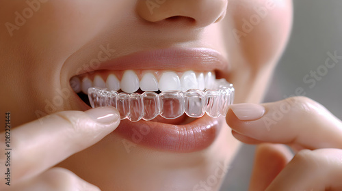 Wallpaper Mural Close-up of Woman Inserting Clear Teeth Aligner,  Illustrating Oral Care and Straight Teeth. Torontodigital.ca